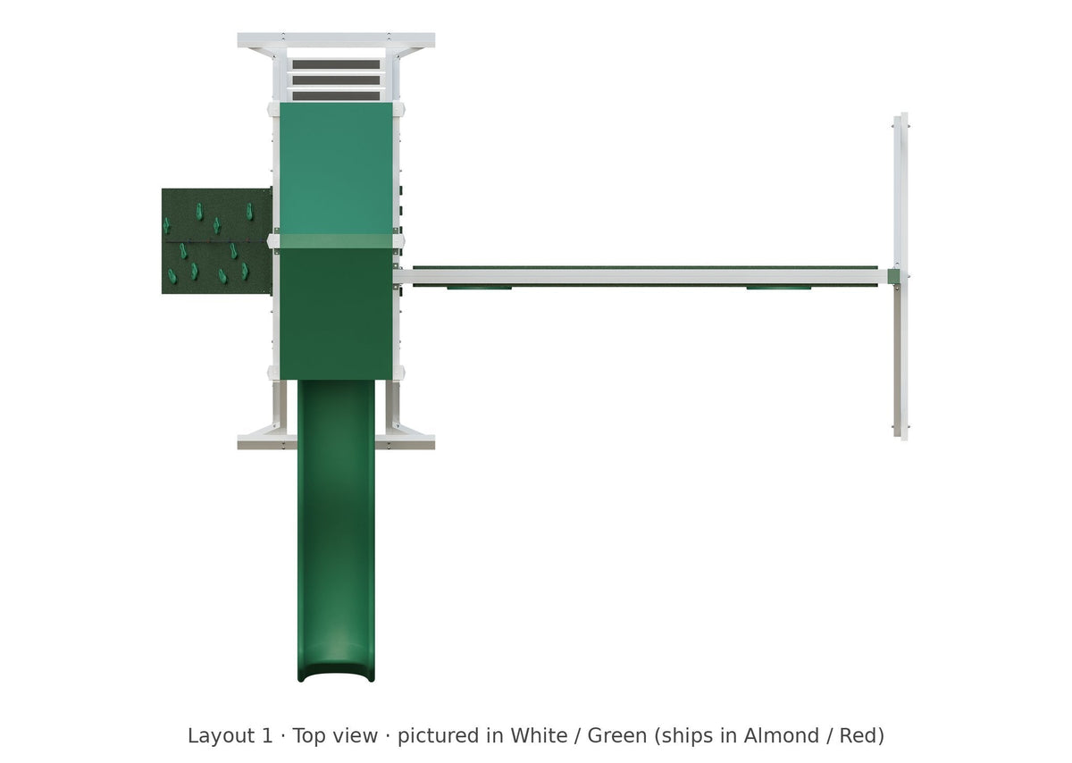 Amish Elkhorn Vinyl Playset & Swing Set Kit – Layout 1, top view (shown in White with Green accents)