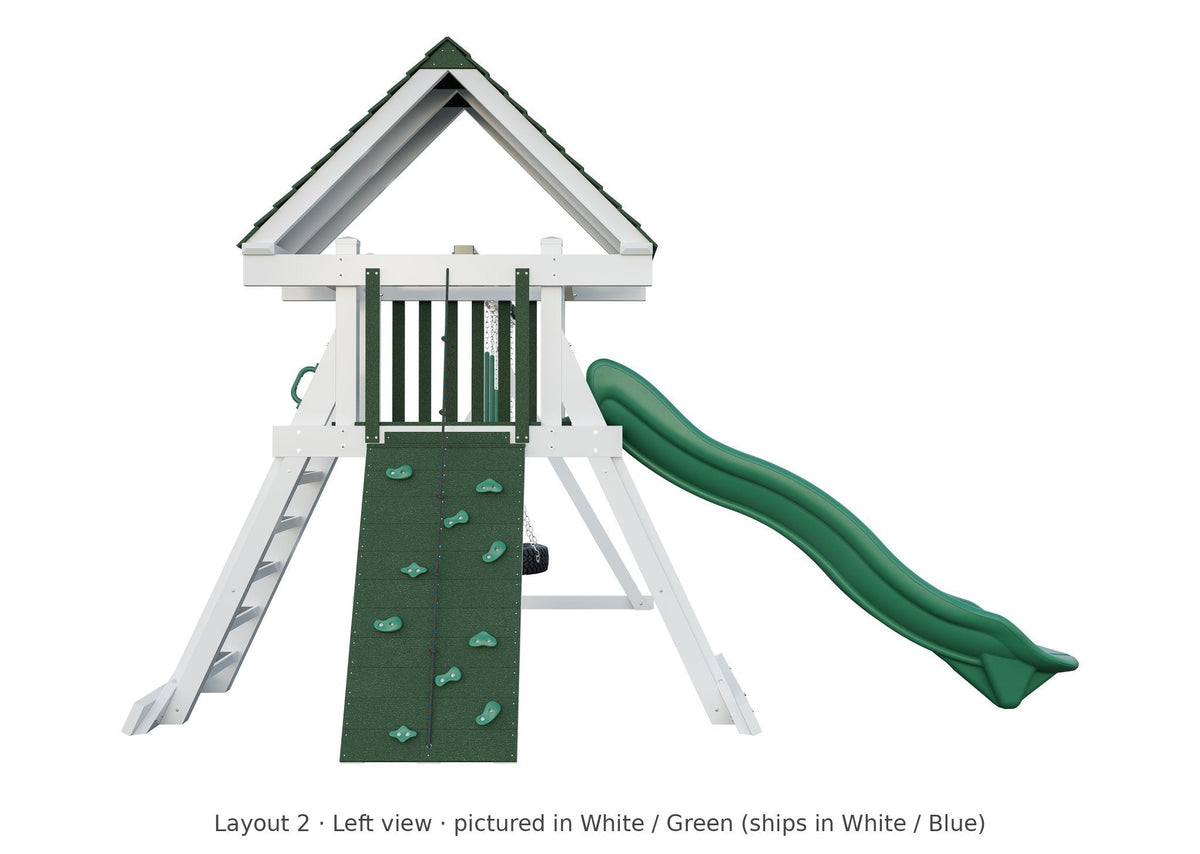 Amish Elkhorn Vinyl Playset & Swing Set Kit – Layout 2, left view (shown in White with Green accents)