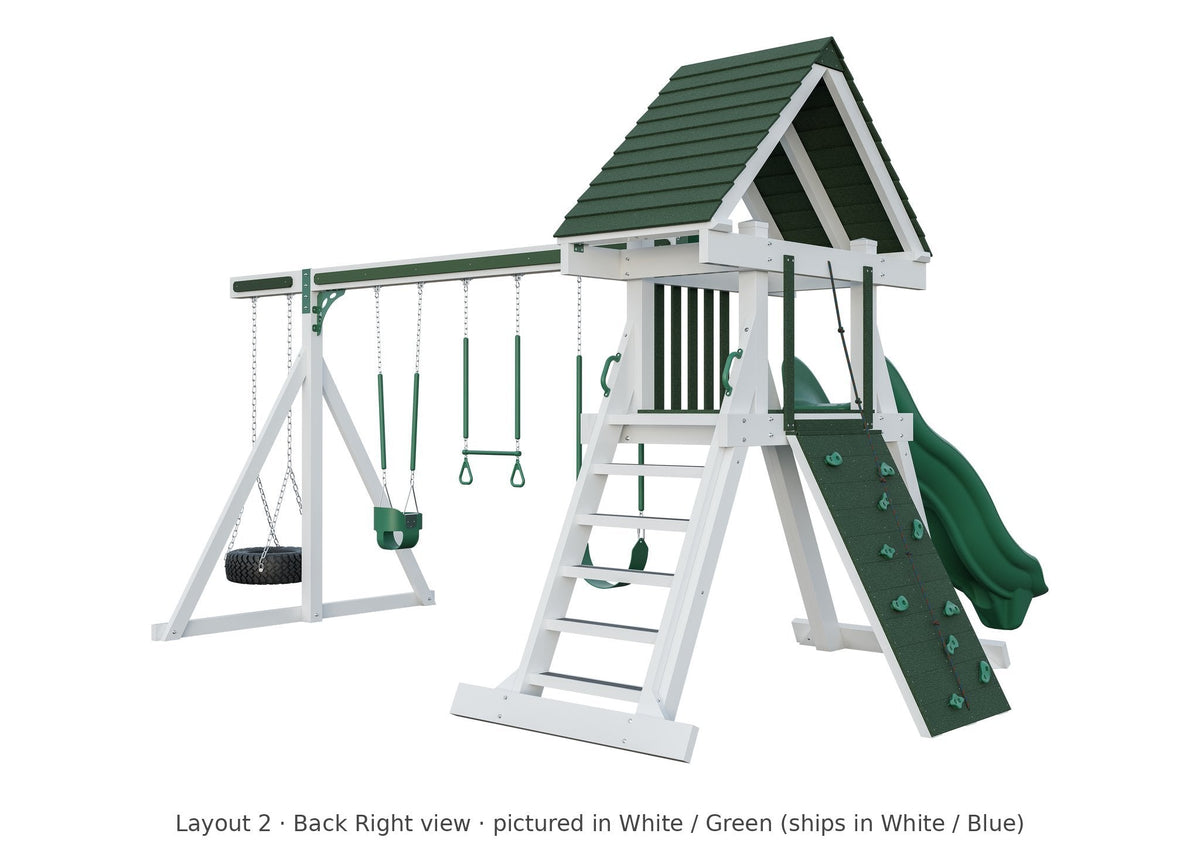 Amish Elkhorn Vinyl Playset & Swing Set Kit – Layout 2, back right view (shown in White with Green accents)
