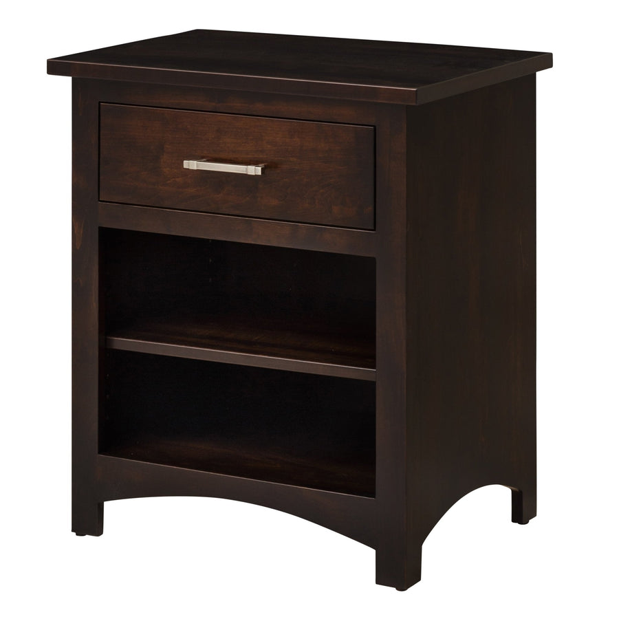 Espresso one-drawer open nightstand with a nickel bar pull, fixed shelf and arched base rail
