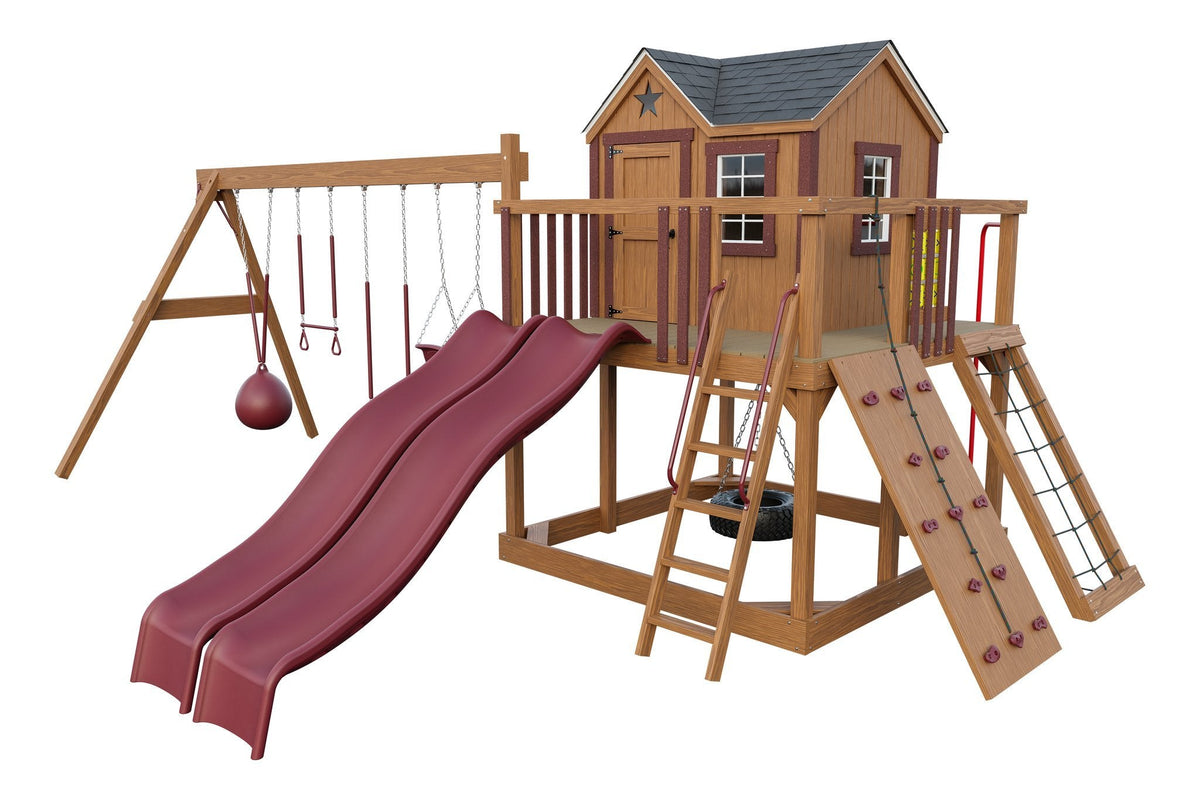 Amish Expedition Wooden Swing Set & Playset Kit – Layout 3, Sepia Brown with Red accents
