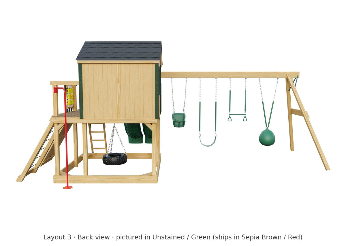 Amish Expedition Wooden Swing Set & Playset Kit – Layout 3, back view (shown in Unstained with Green accents)