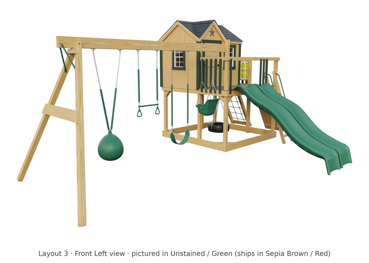 Amish Expedition Wooden Swing Set & Playset Kit – Layout 3, front left view (shown in Unstained with Green accents)