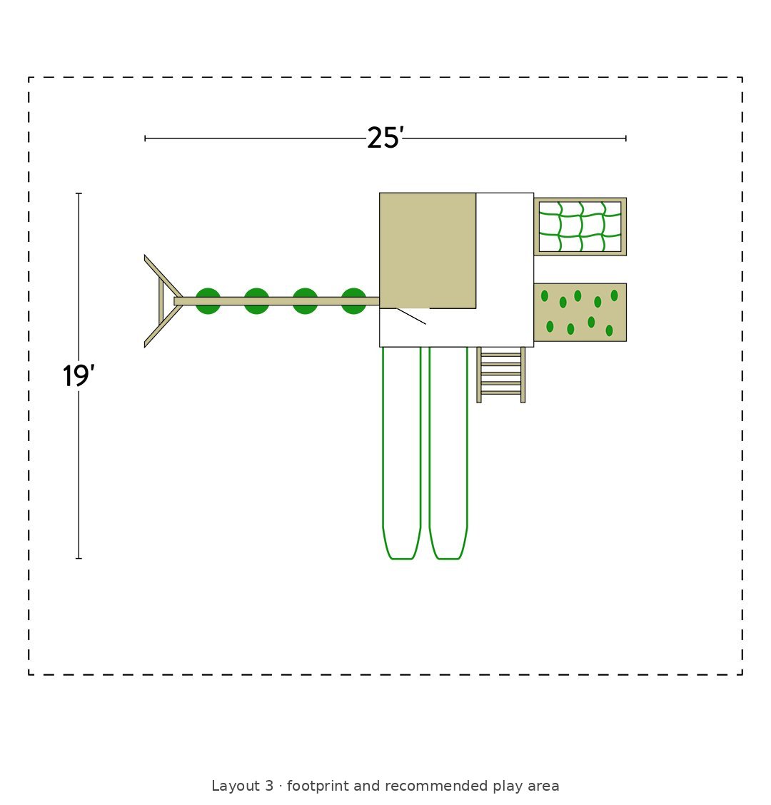 Amish Expedition Wooden Swing Set & Playset Kit – Layout 3 footprint and recommended play area diagram