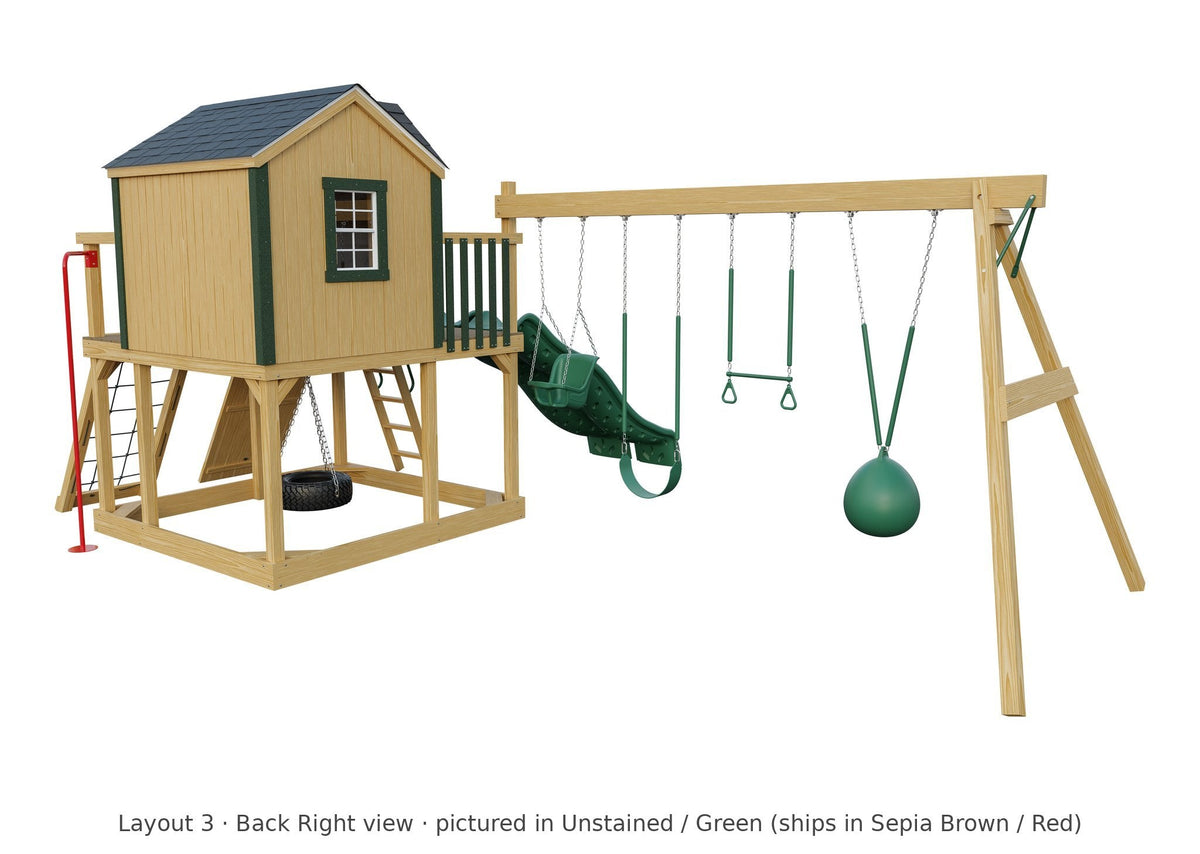 Amish Expedition Wooden Swing Set & Playset Kit – Layout 3, back right view (shown in Unstained with Green accents)