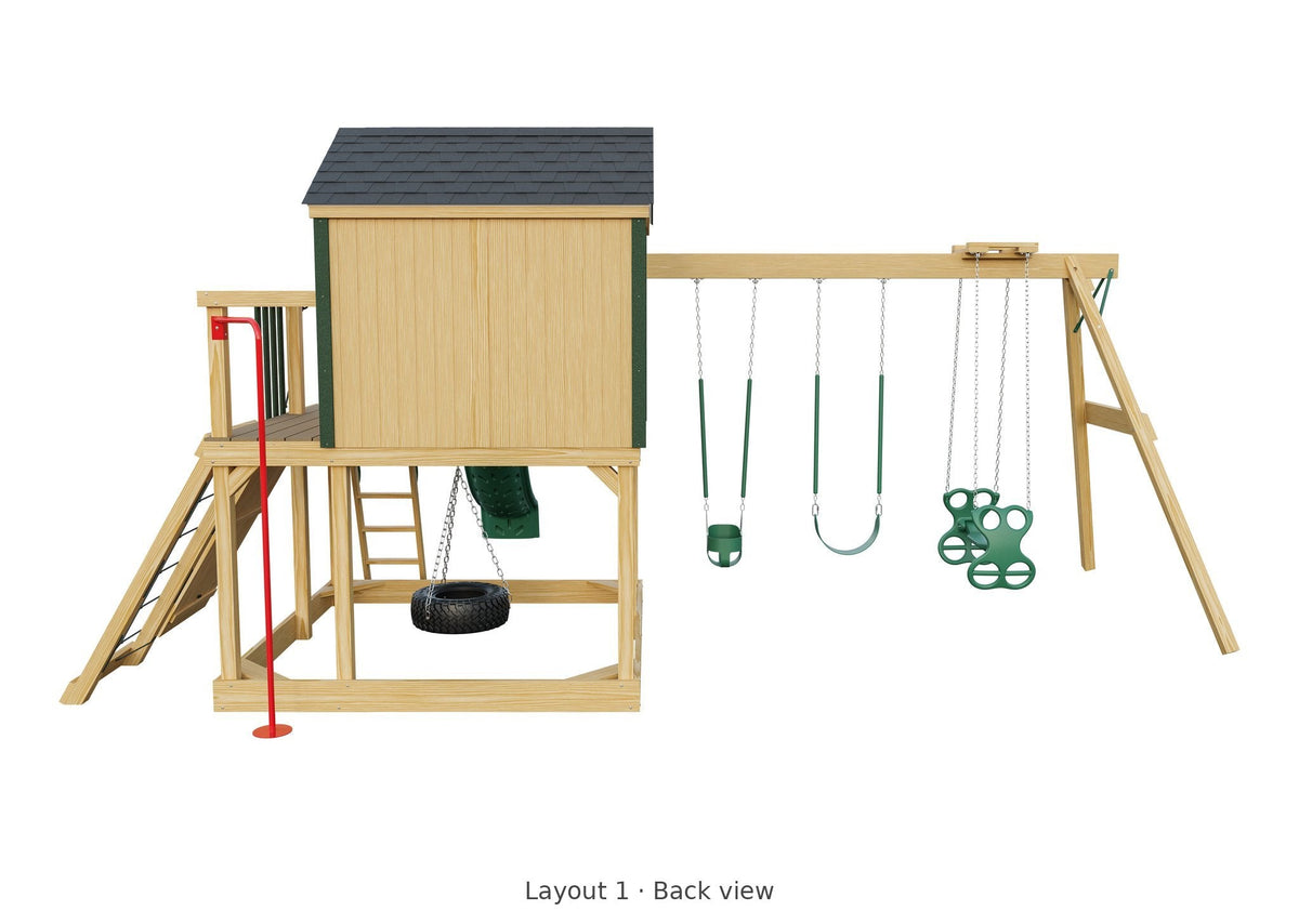 Amish Expedition Wooden Swing Set & Playset Kit – Layout 1, back view
