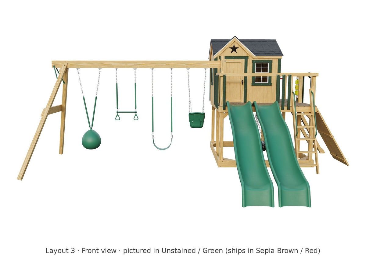 Amish Expedition Wooden Swing Set & Playset Kit – Layout 3, front view (shown in Unstained with Green accents)