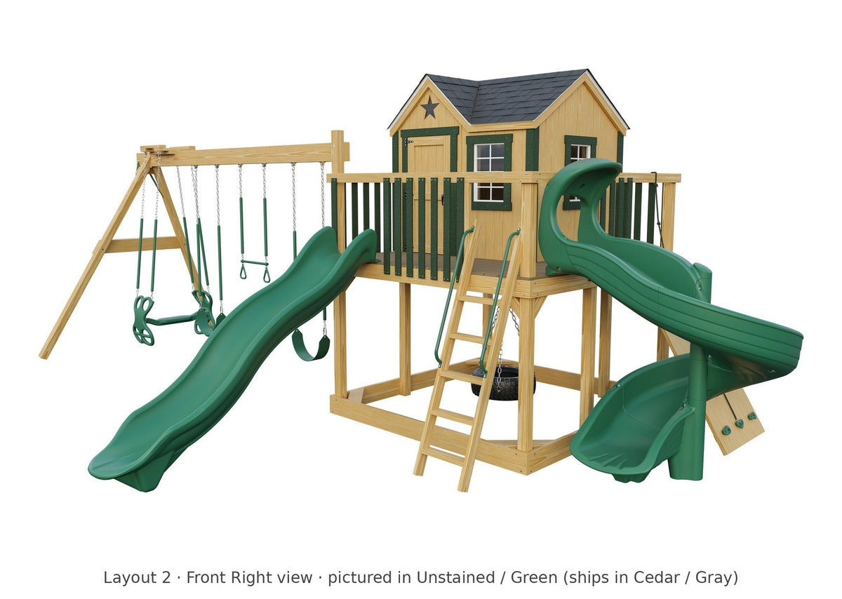 Amish Expedition Wooden Swing Set & Playset Kit – Layout 2, front right view (shown in Unstained with Green accents)