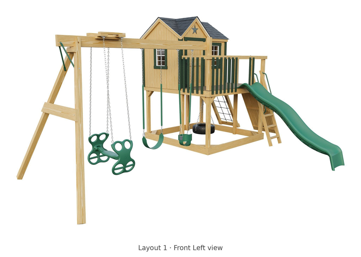 Amish Expedition Wooden Swing Set & Playset Kit – Layout 1, front left view