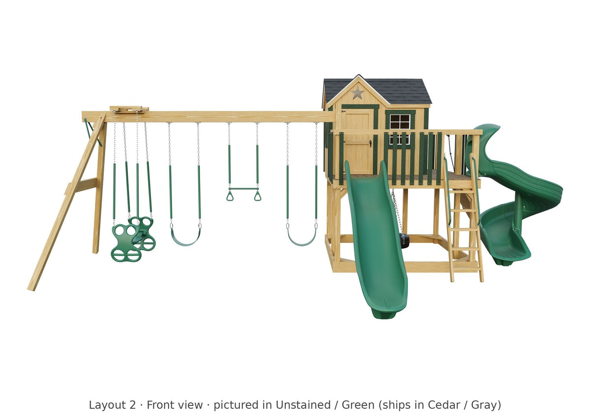 Amish Expedition Wooden Swing Set & Playset Kit – Layout 2, front view (shown in Unstained with Green accents)