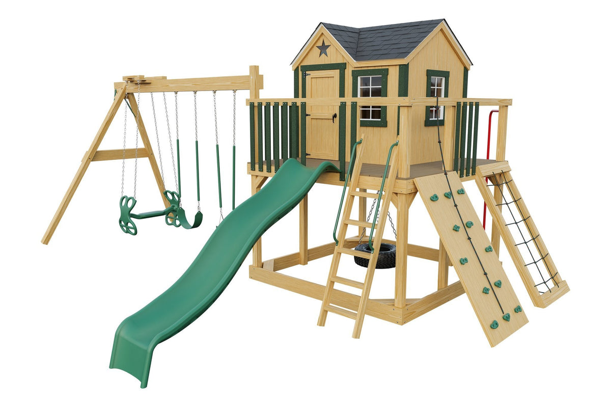 Amish Expedition Wooden Swing Set & Playset Kit – Layout 1, Unstained with Green accents
