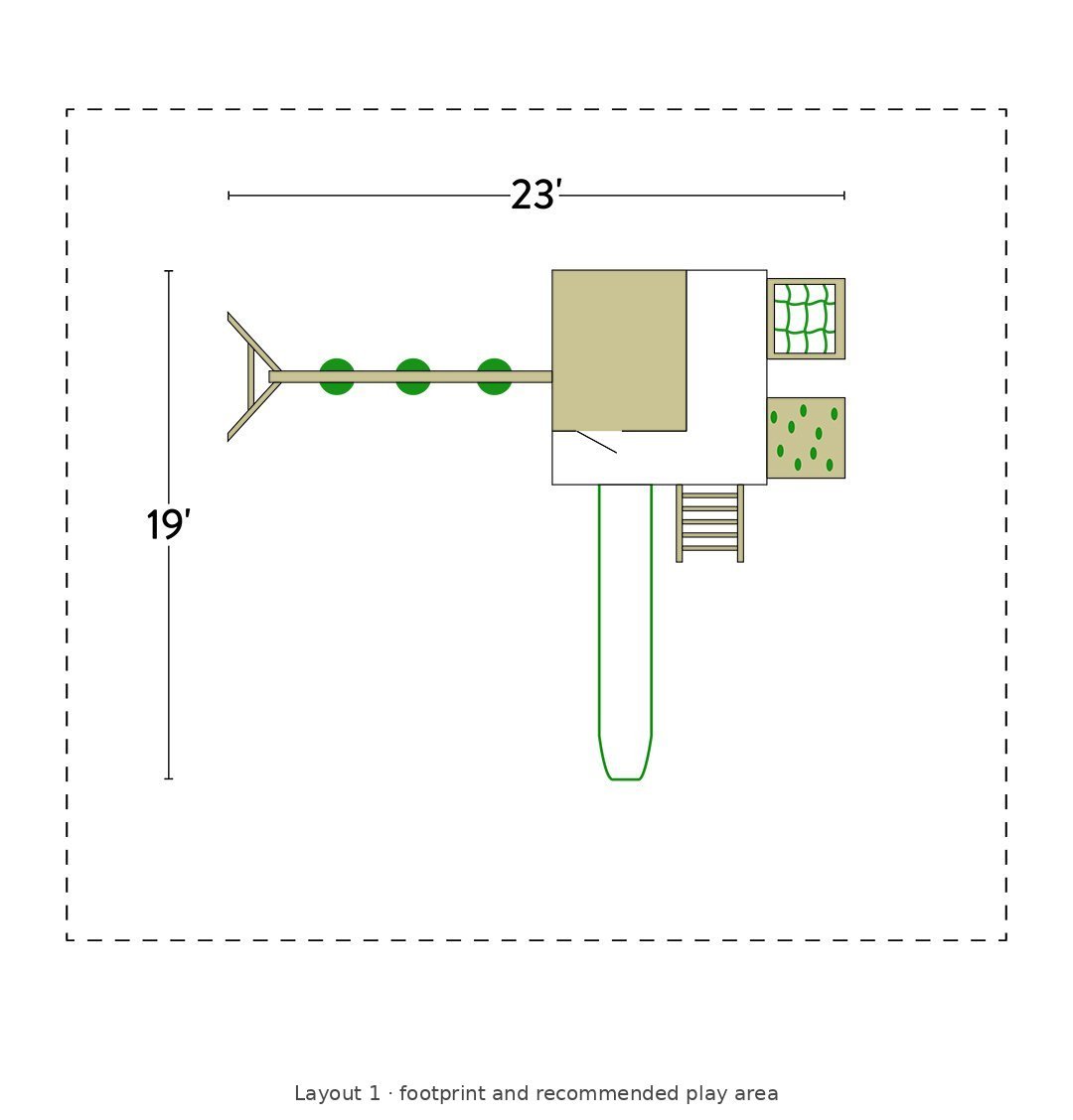 Amish Expedition Wooden Swing Set & Playset Kit – Layout 1 footprint and recommended play area diagram