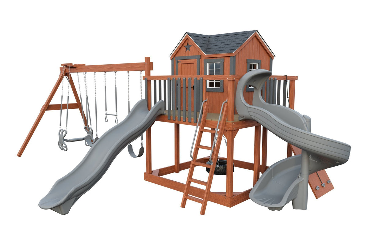 Amish Expedition Wooden Swing Set & Playset Kit – Layout 2, Cedar with Gray accents