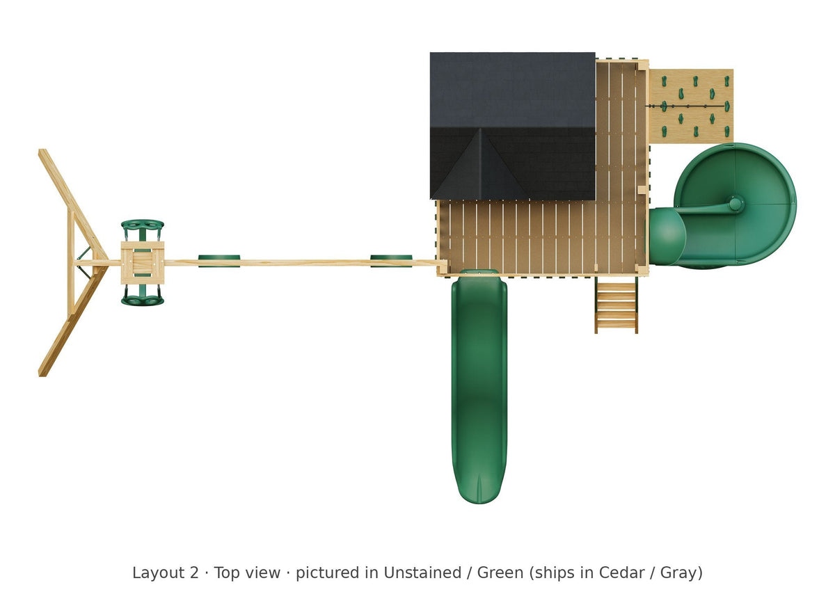 Amish Expedition Wooden Swing Set & Playset Kit – Layout 2, top view (shown in Unstained with Green accents)