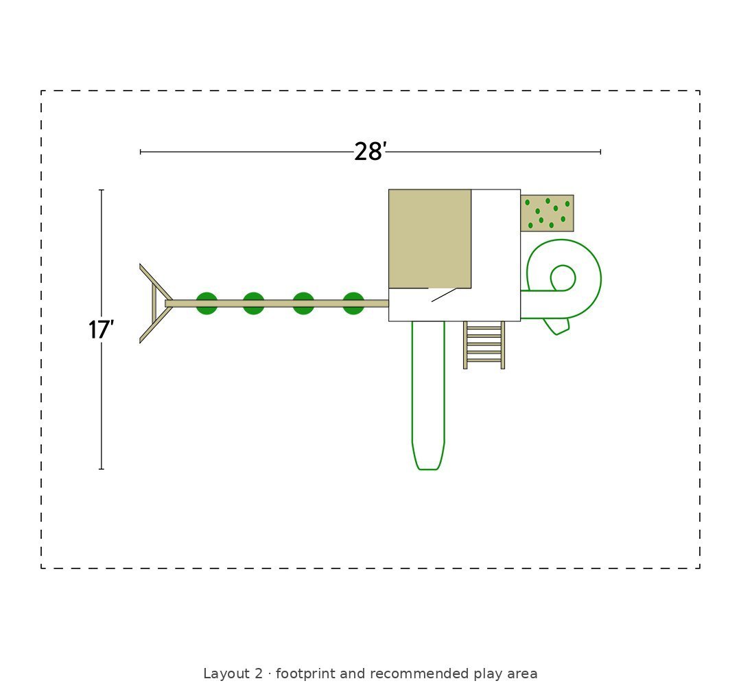 Amish Expedition Wooden Swing Set & Playset Kit – Layout 2 footprint and recommended play area diagram