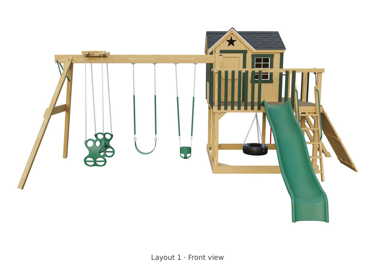 Amish Expedition Wooden Swing Set & Playset Kit – Layout 1, front view