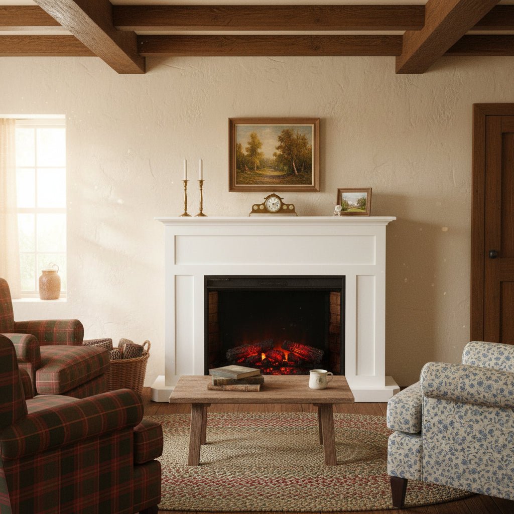 White painted fireplace mantel with a 33 inch electric insert and glowing embers, styled in a beamed farmhouse living room
