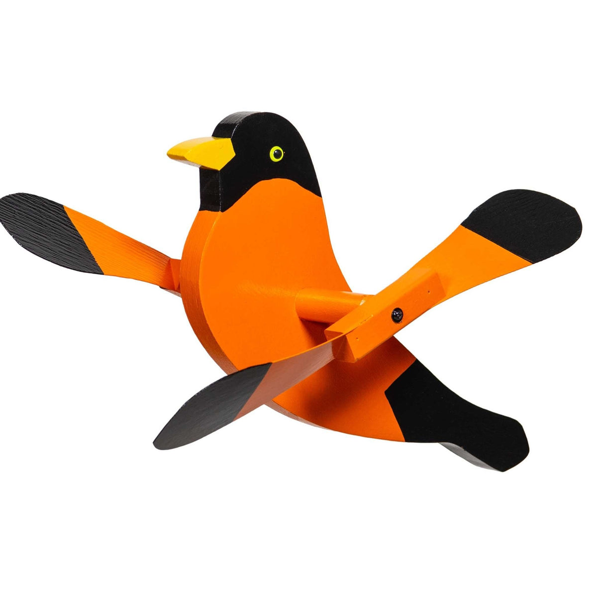 Orange and black wooden oriole whirlybird wind spinner with yellow beak and black tipped paddle blades