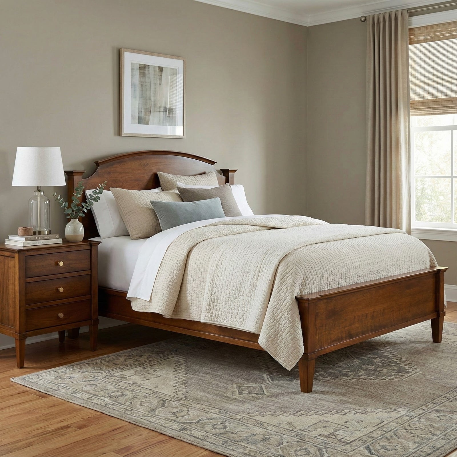 Cherry arched headboard bed with a paneled footboard and tapered legs, styled with linen bedding and a nightstand