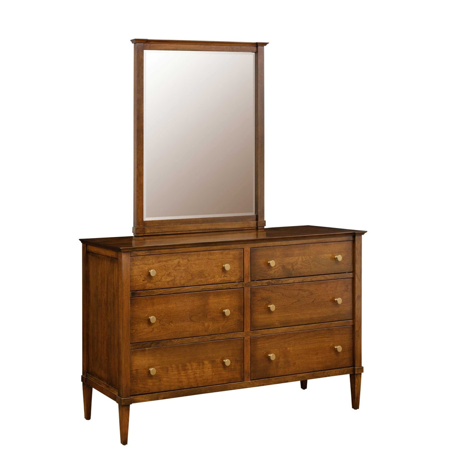 Six-drawer cherry double dresser with a rectangular framed mirror, brass knobs and tapered legs on a white background
