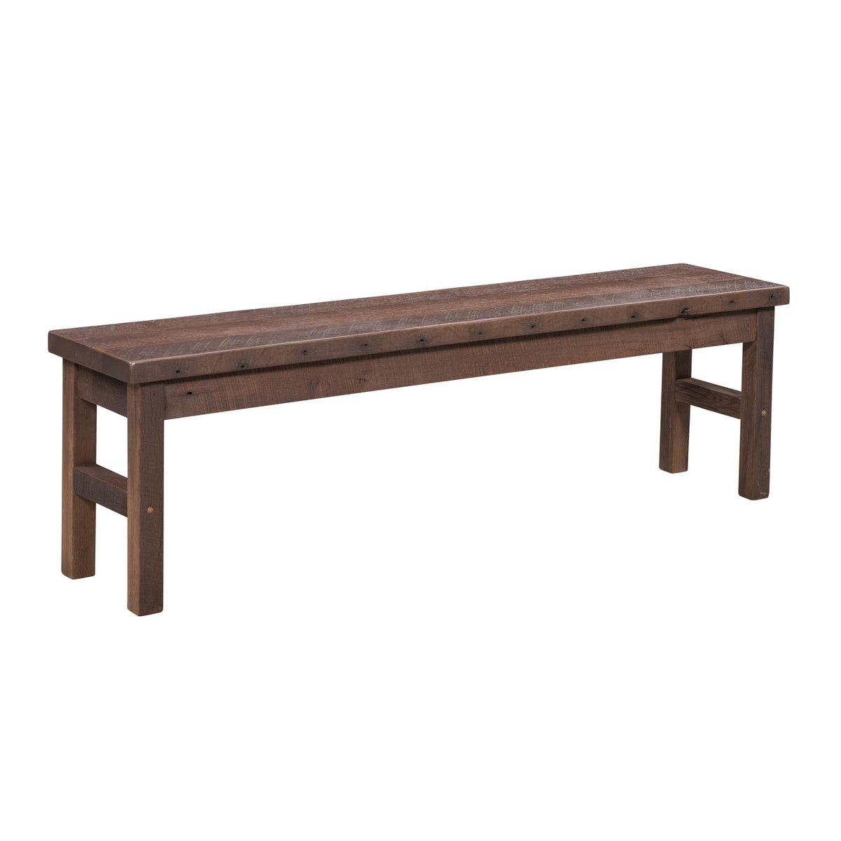 Long rustic barnwood dining bench with thick plank seat, square legs and side stretchers on a white background