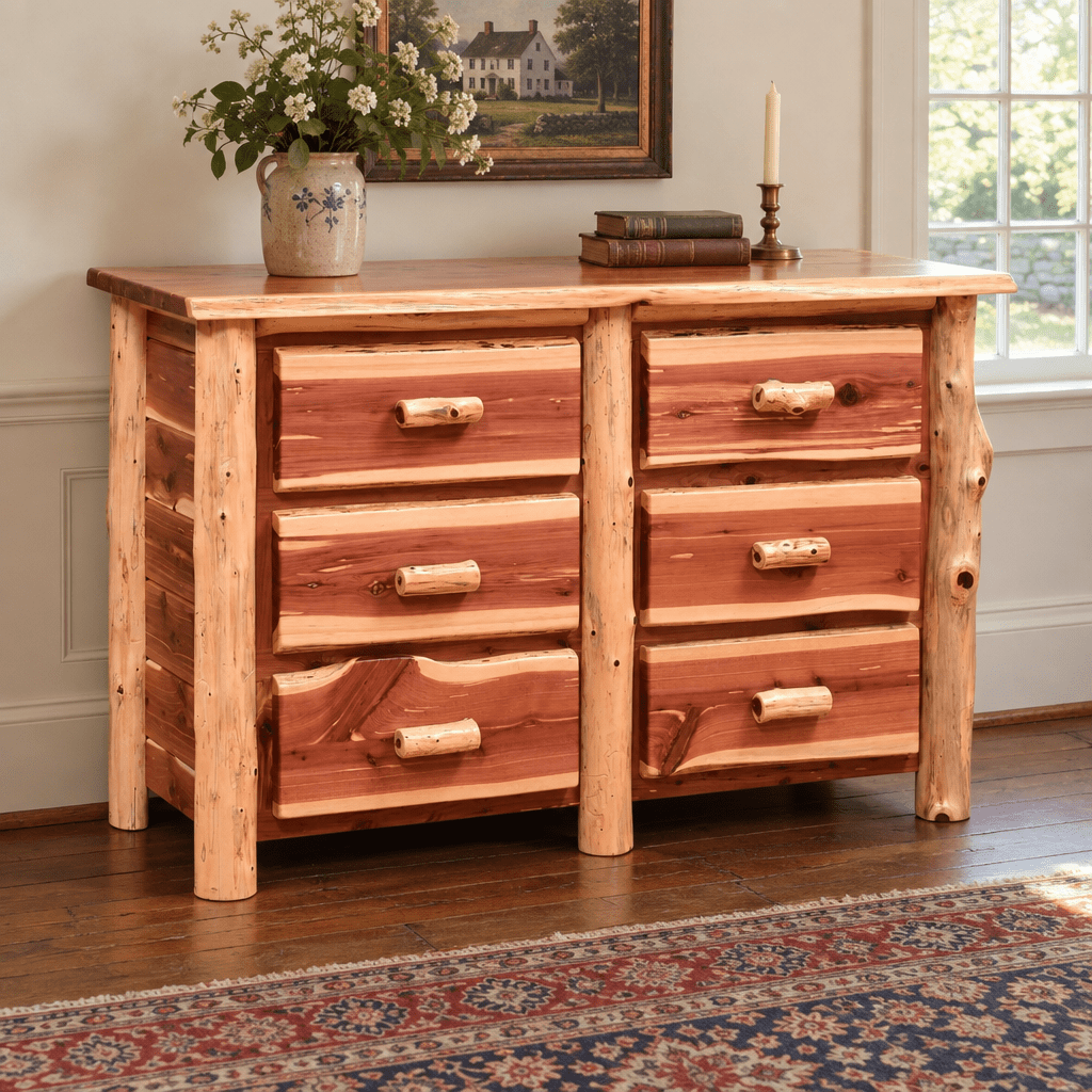 Amish Homestead Log 9 Drawer Dresser shown in the bedroom of a traditional colonial home