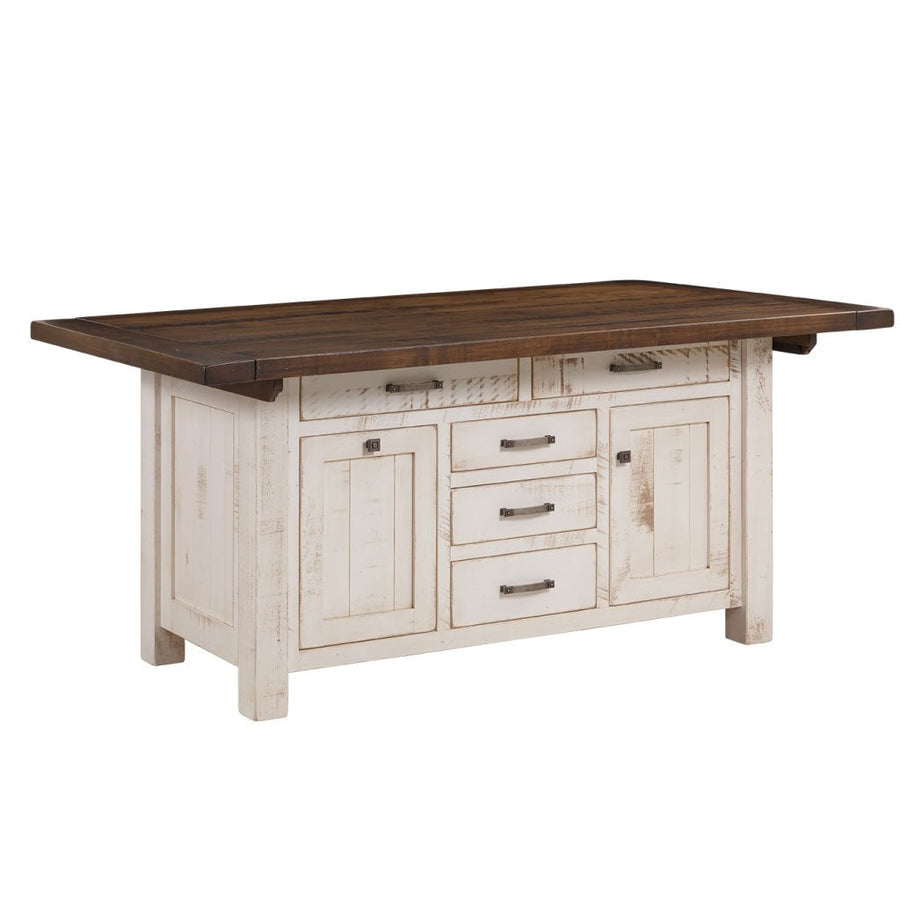 Distressed white expandable kitchen island with brown plank top, cabinet doors and drawers on white