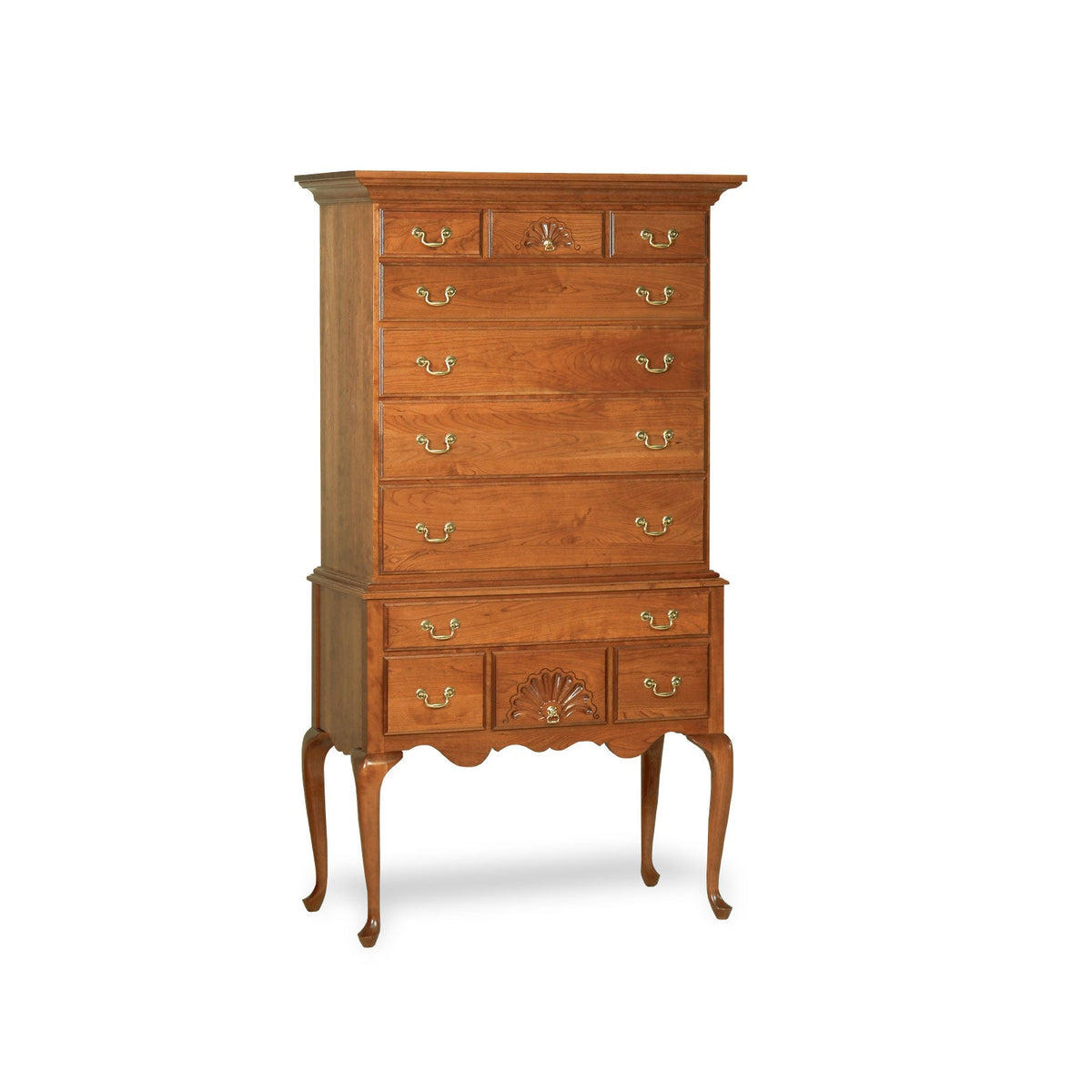 An Amish Jamestown Colonial Flat Top High Boy furniture piece, featuring six drawers with a flat top and intricate wood carvings.