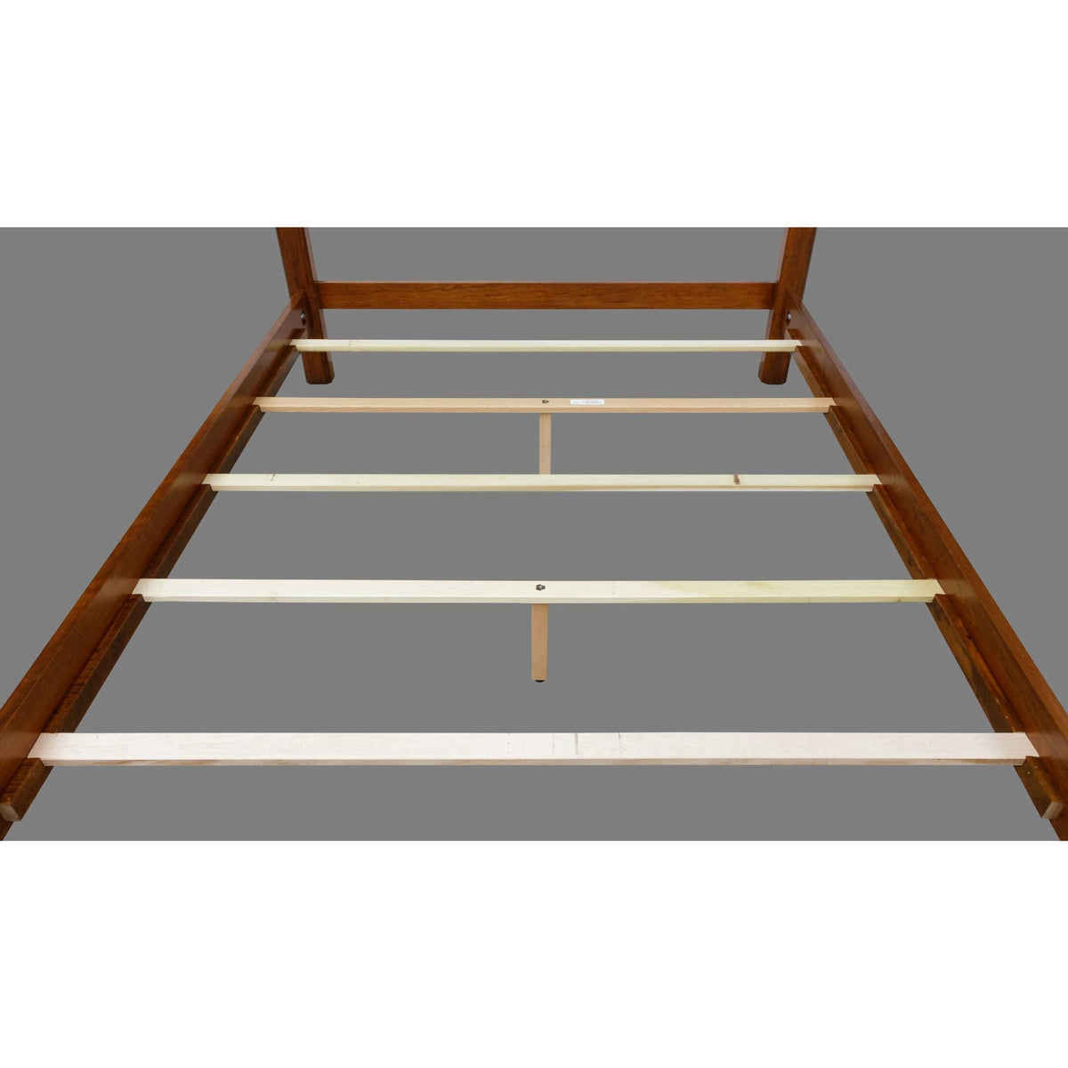 Pencil post bed frame from above showing cherry rails, maple support slats and a center support leg