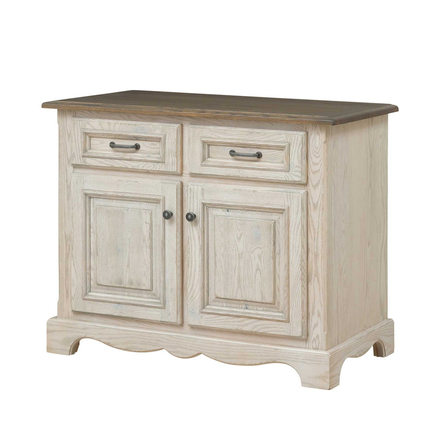 Whitewashed oak sideboard buffet with two drawers, two raised panel doors, gray top and scalloped base