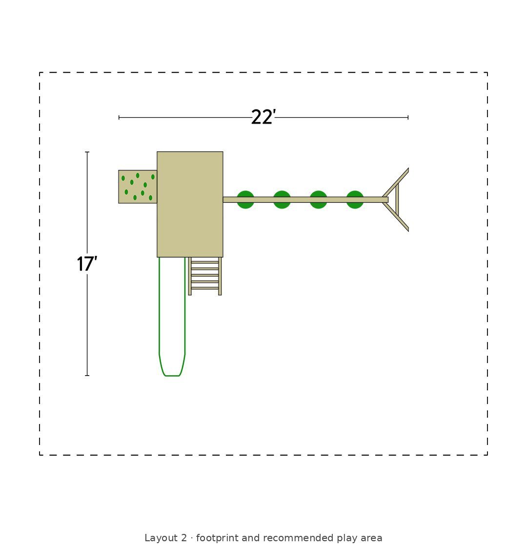 Amish Jefferson Wooden Swing Set & Playset Kit – Layout 2 footprint and recommended play area diagram