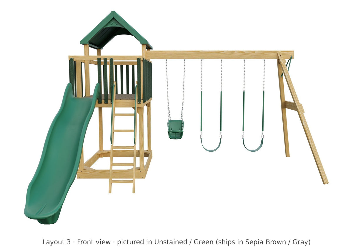 Amish Jefferson Wooden Swing Set & Playset Kit – Layout 3, front view (shown in Unstained with Green accents)