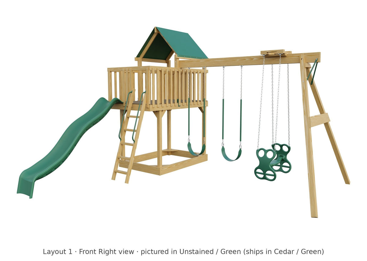 Amish Jefferson Wooden Swing Set & Playset Kit – Layout 1, front right view (shown in Unstained with Green accents)