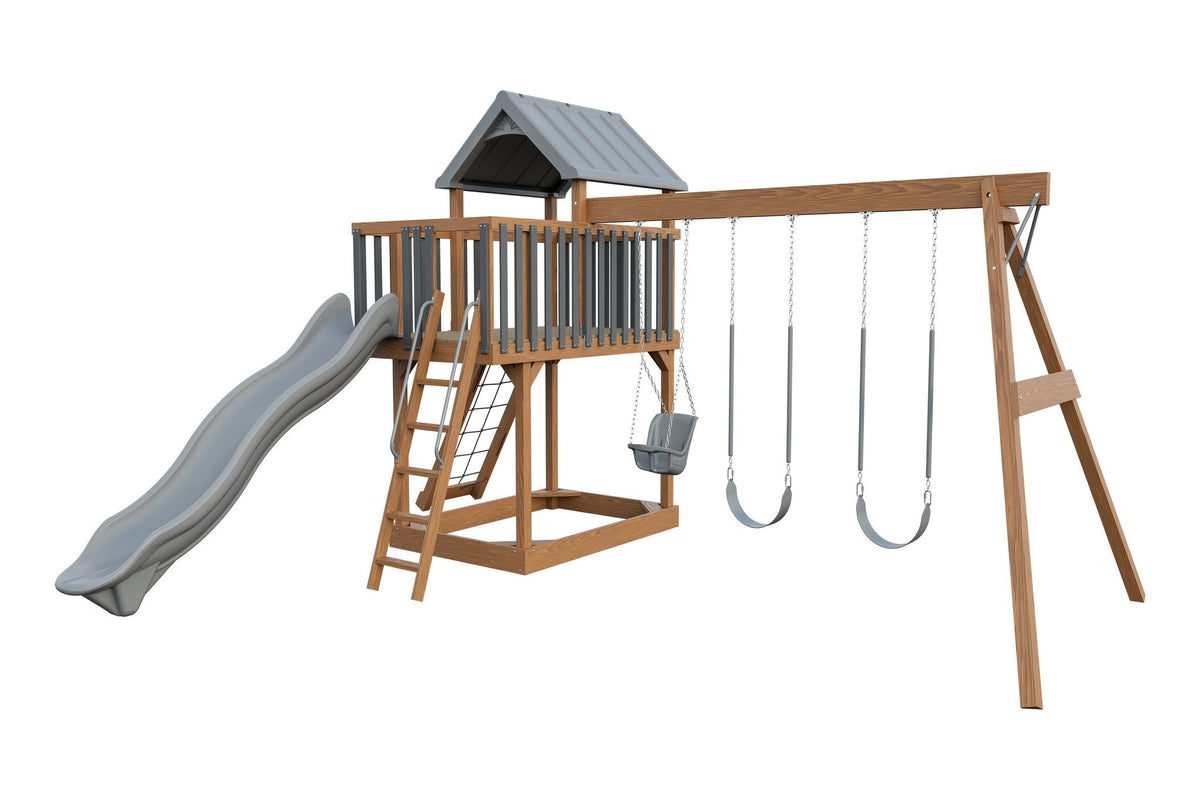 Amish Jefferson Wooden Swing Set & Playset Kit – Layout 3, Sepia Brown with Gray accents
