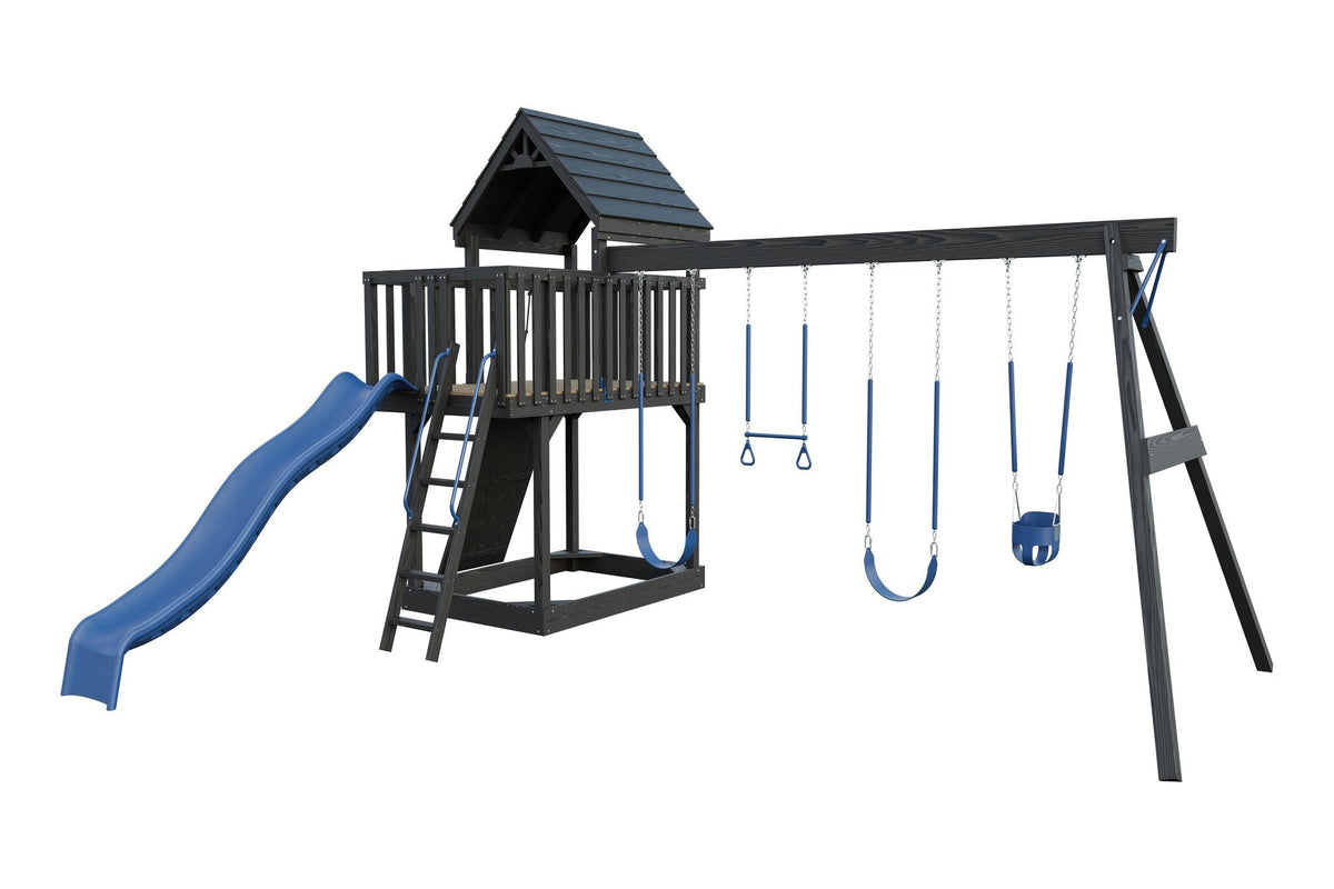 Amish Jefferson Wooden Swing Set & Playset Kit – Layout 2, Cinder with Blue accents