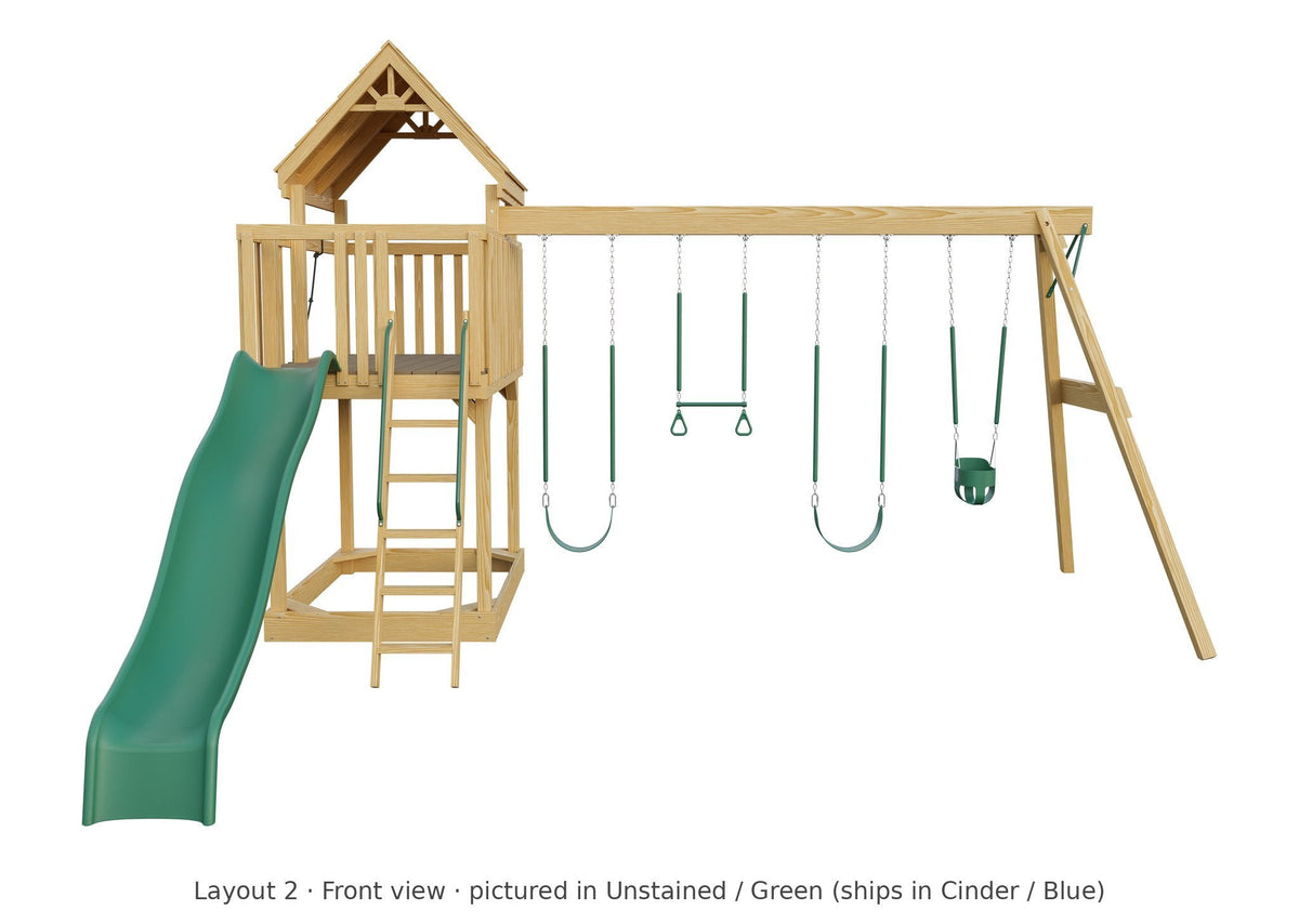 Amish Jefferson Wooden Swing Set & Playset Kit – Layout 2, front view (shown in Unstained with Green accents)