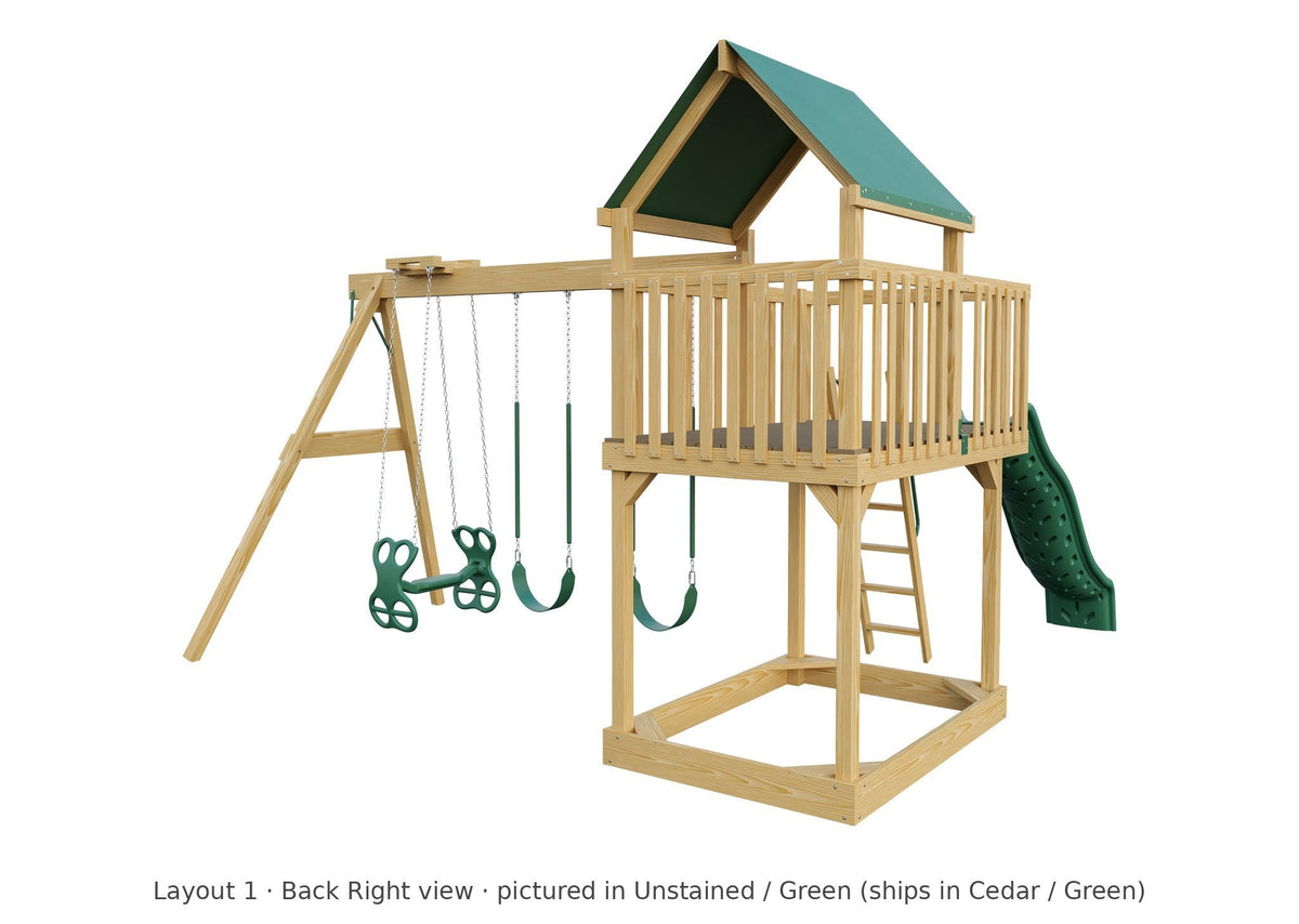 Amish Jefferson Wooden Swing Set & Playset Kit – Layout 1, back right view (shown in Unstained with Green accents)