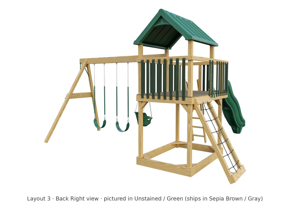 Amish Jefferson Wooden Swing Set & Playset Kit – Layout 3, back right view (shown in Unstained with Green accents)