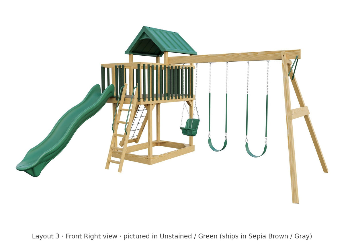 Amish Jefferson Wooden Swing Set & Playset Kit – Layout 3, front right view (shown in Unstained with Green accents)