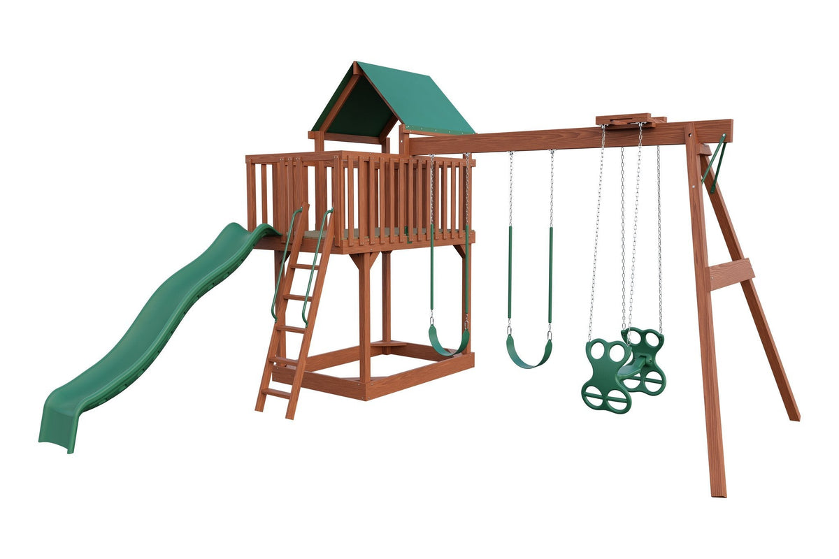 Amish Jefferson Wooden Swing Set & Playset Kit – Layout 1, Cedar with Green accents