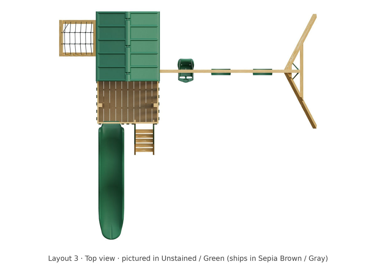 Amish Jefferson Wooden Swing Set & Playset Kit – Layout 3, top view (shown in Unstained with Green accents)