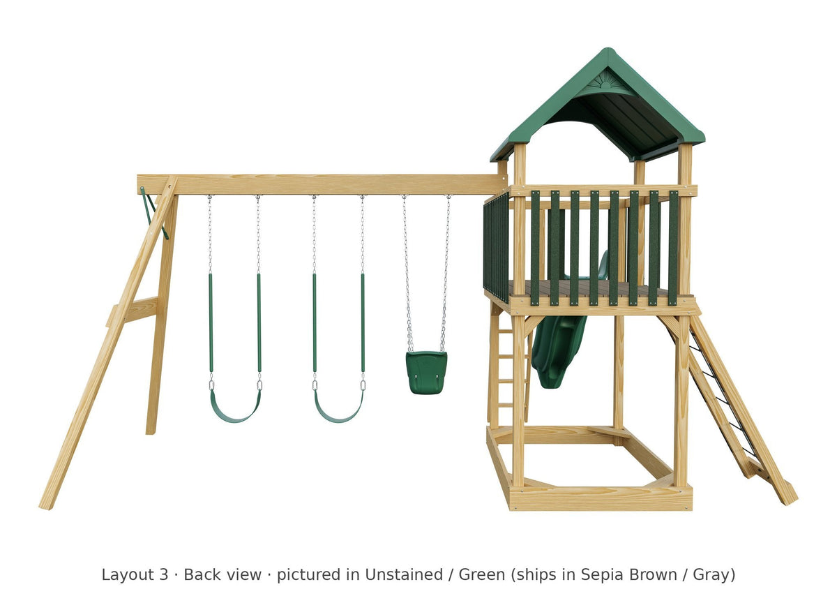 Amish Jefferson Wooden Swing Set & Playset Kit – Layout 3, back view (shown in Unstained with Green accents)