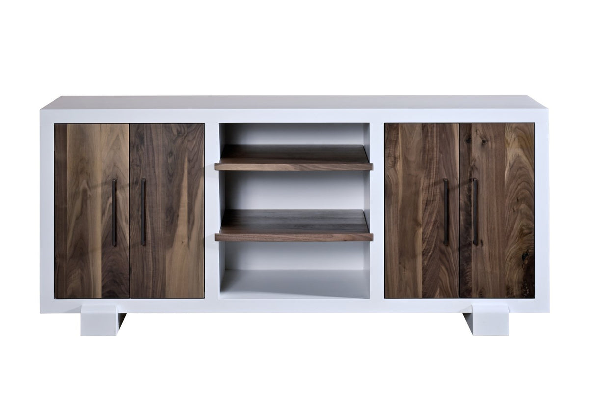 Front view of a white tv stand with figured walnut doors, two open component shelves and dark metal handles