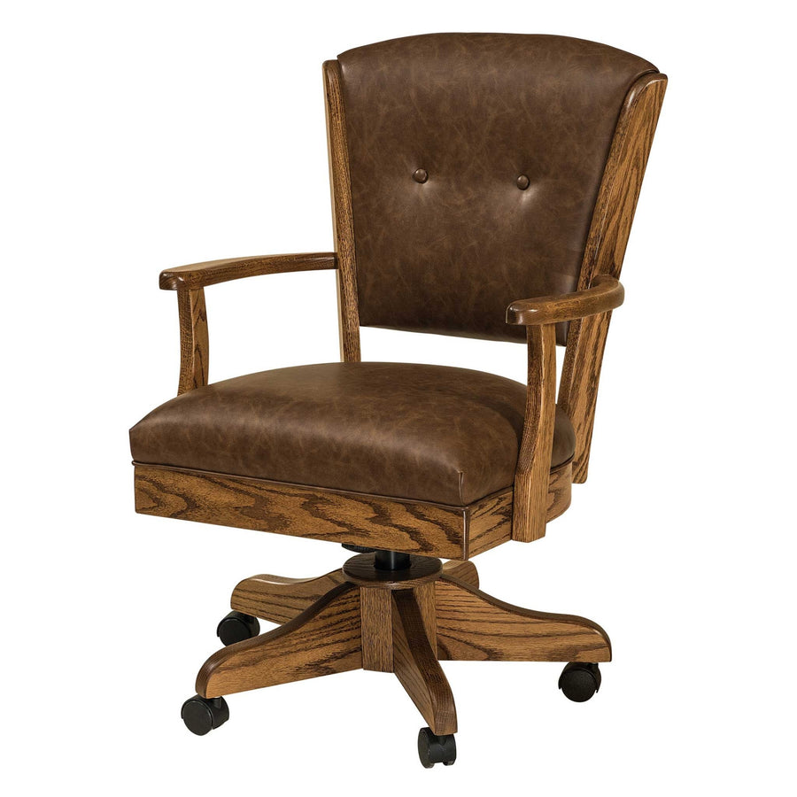 Solid oak desk chair with arms, dark brown leather cushioned seat and button-tufted back on a five-point swivel base with casters