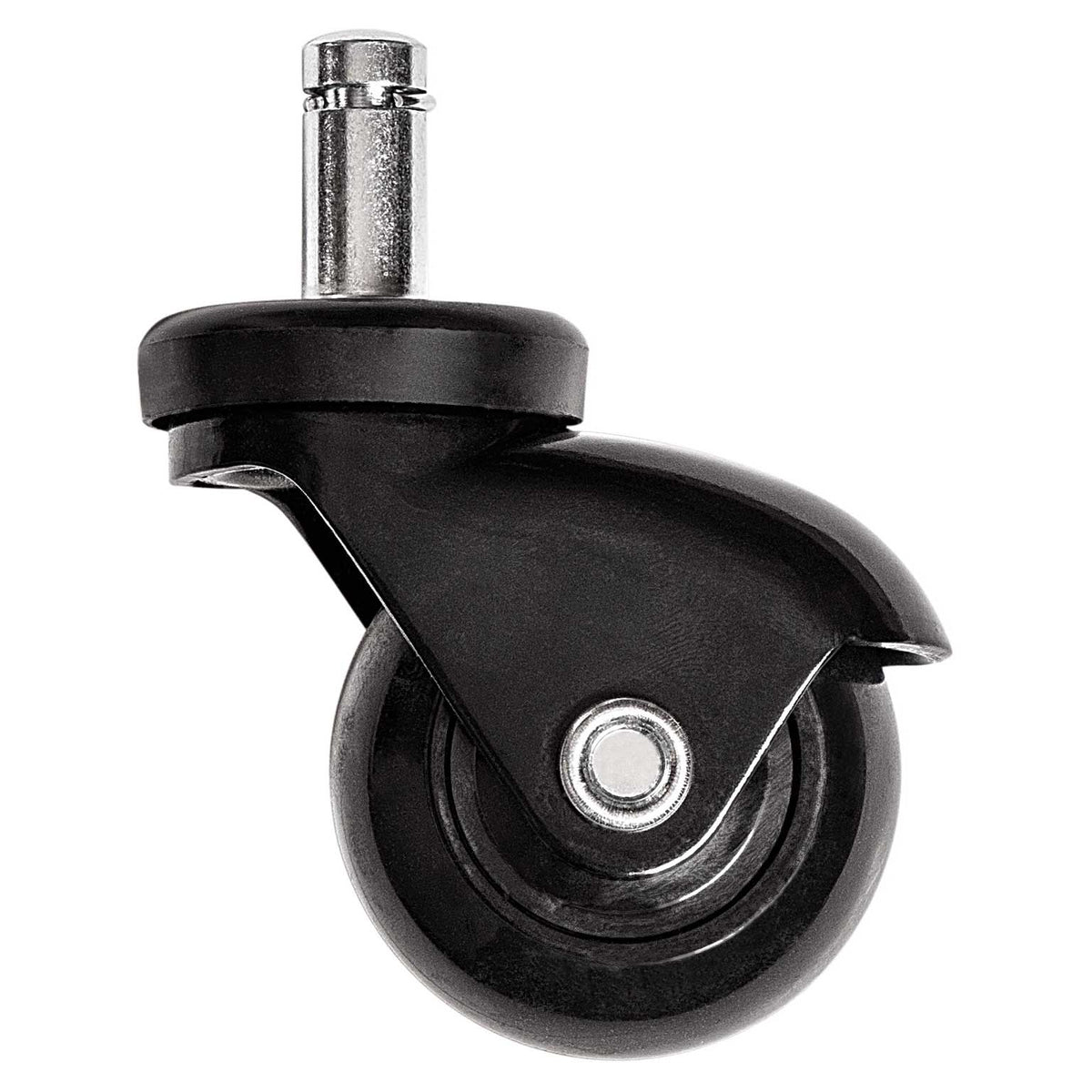 Close-up of the desk chair's black swivel caster wheel with chrome stem insert