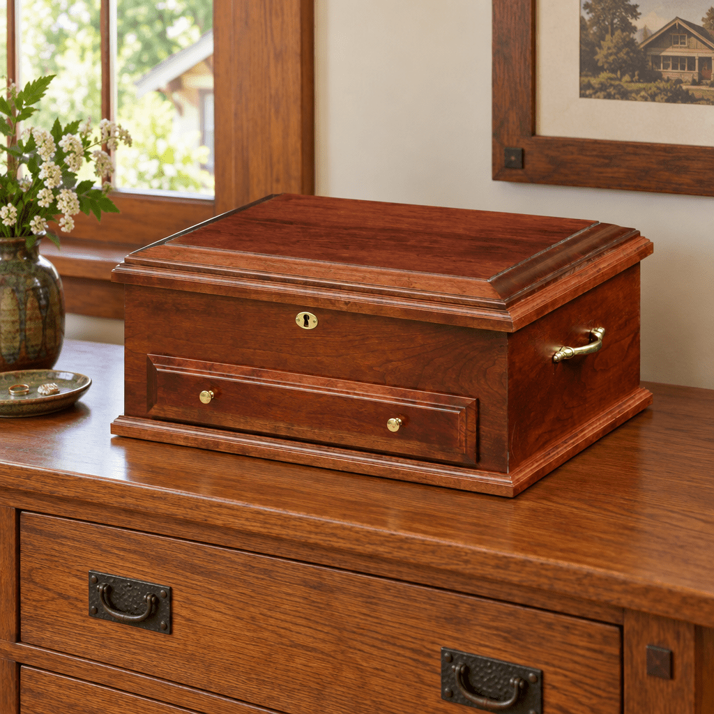 Amish Large Solid Wood Jewelry Chest with Drawer shown in the bedroom of a craftsman bungalow home