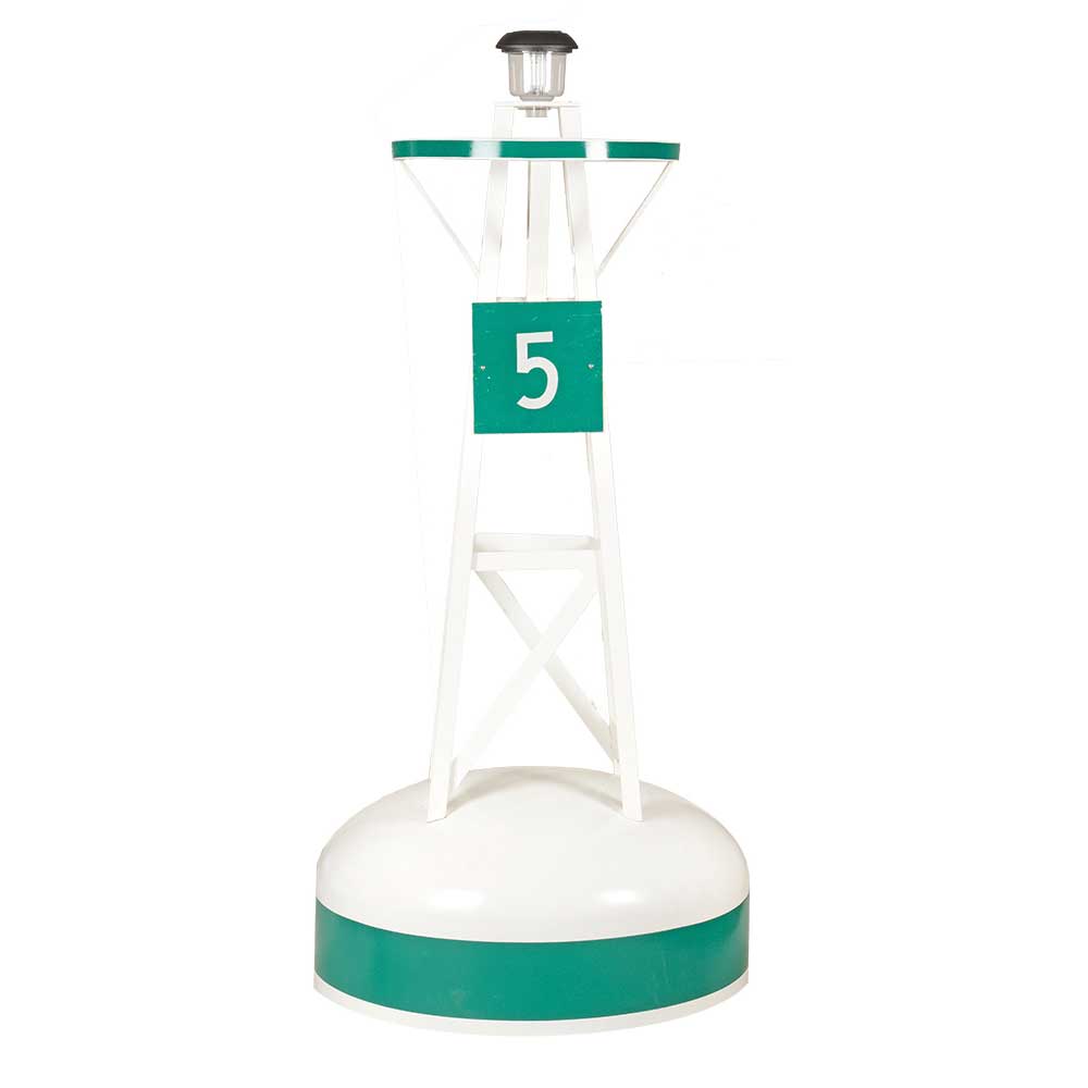 White and green channel marker buoy with number 5 sign, open framework tower and solar light on top