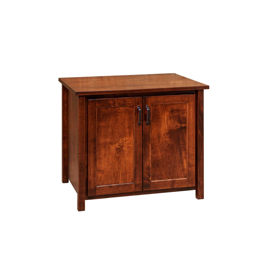 Two-door printer cabinet in brown maple with coffee stain, square legs and black bar handles, angled on a white background