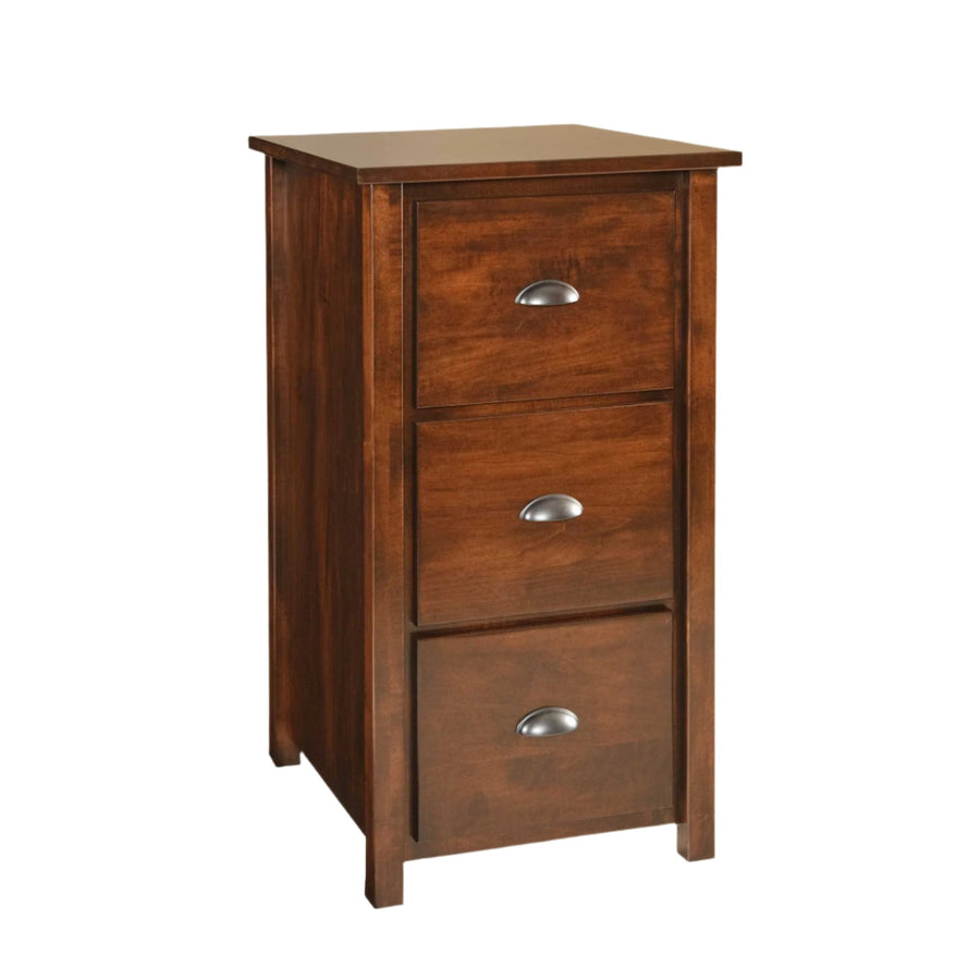 Three drawer wood file cabinet in a warm coffee finish with brushed nickel cup pulls and square corner posts