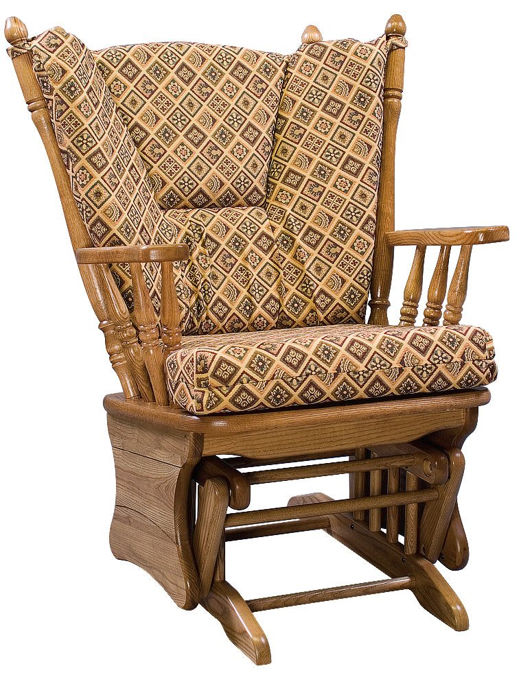 Wooden rocking chair with patterned cushions on a white background